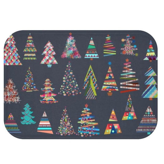 Festive Bath Mat for Home Accents: Christmas Tree Design: dark navy, multicolor Christmas trees, colorful graphic holiday pat