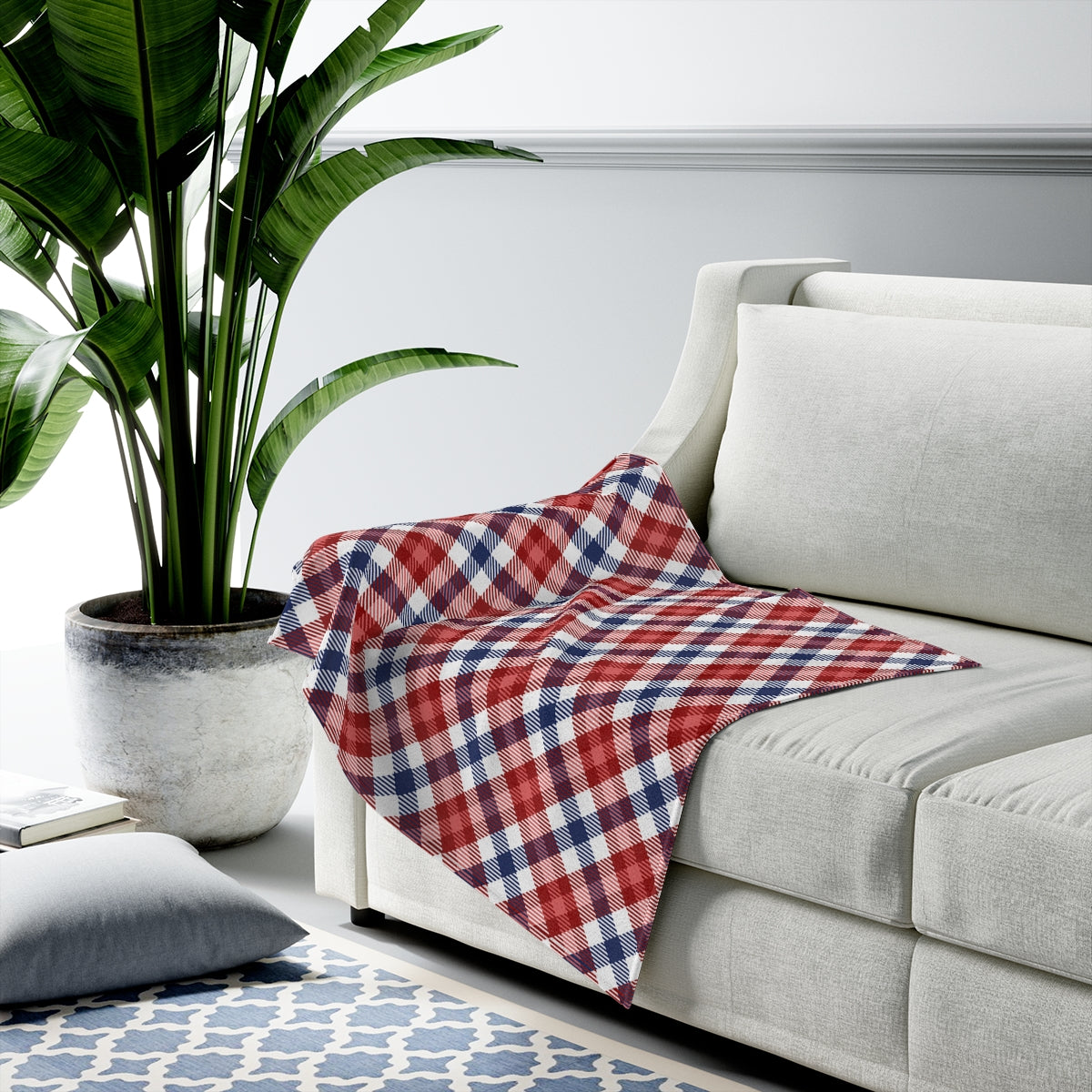 Plush Throw Blanket in Red and Blue Tartan Pattern