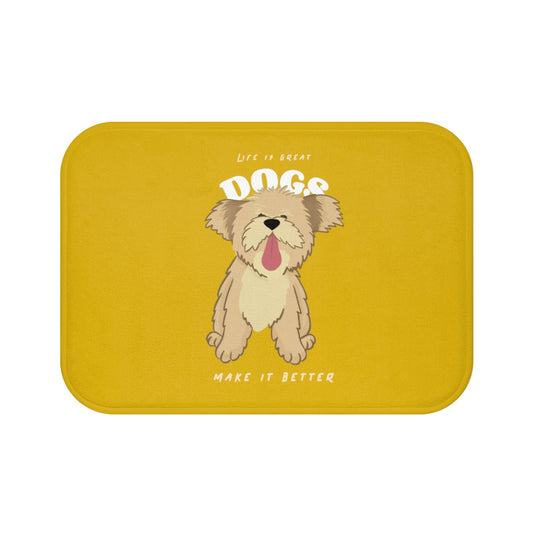 Life is Wonderful, Canines Enhance it Bath Mat: mustard yellow, beige cartoon dog