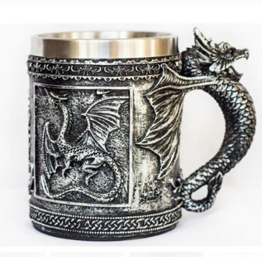 Dragon Design Stainless Steel Mug, 12oz Capacity: silver, dark gray dragon, fantasy gothic style