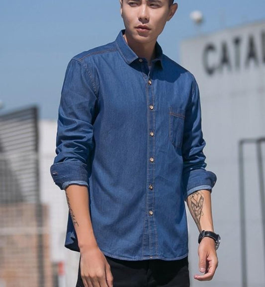 Casual Denim Button-Front Shirt for Men: blue, brown button-up shirt, casual style