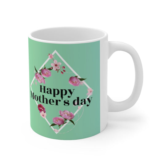Peony Theme 11oz Mug for a Joyful Mother's Day: white, mint green Mother's Day floral theme, floral graphic style