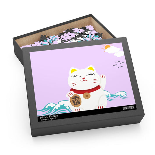 Fortunate Feline Puzzle, 500 Pieces: black, lavender maneki-neko lucky cat, cartoon kawaii style
