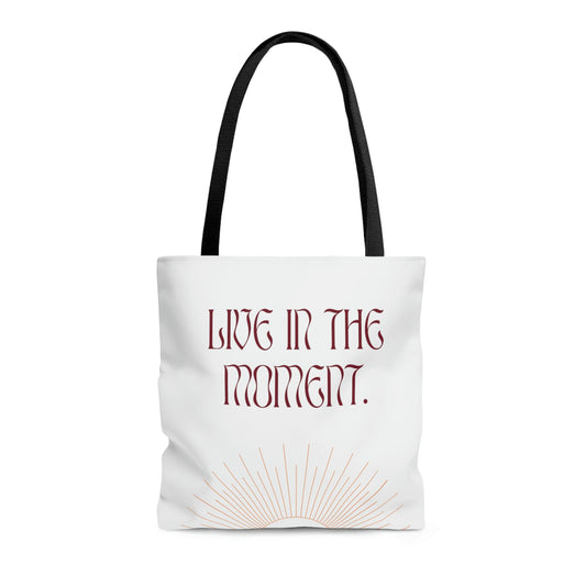 Medium Beach Tote Bag for Embracing the Present Moment: white, black tote bag, minimal graphic style