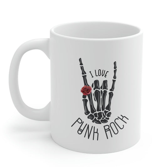 Punk Rock Skeleton Hand Mug: white, black punk rock skeletal hand graphic, punk rock graphic style