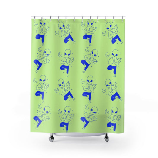 Extraterrestrial Yoga Bathroom Drapes: lime green, blue cartoon aliens, cartoon, playful style
