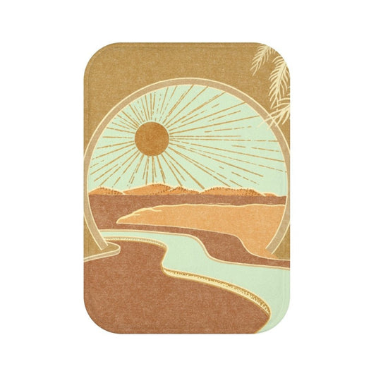 Sunshine Bath Mat Home Decor: tan, brown stylized desert landscape with sun and palm trees, retro minimalist illustration sty