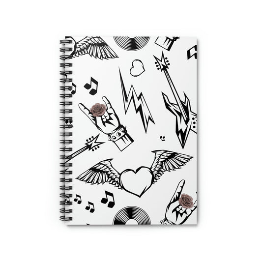 Spiral Notebook, Rock and Blooms: white, black tattoo-inspired graphic theme, tattoo flash, graphic, cartoon style