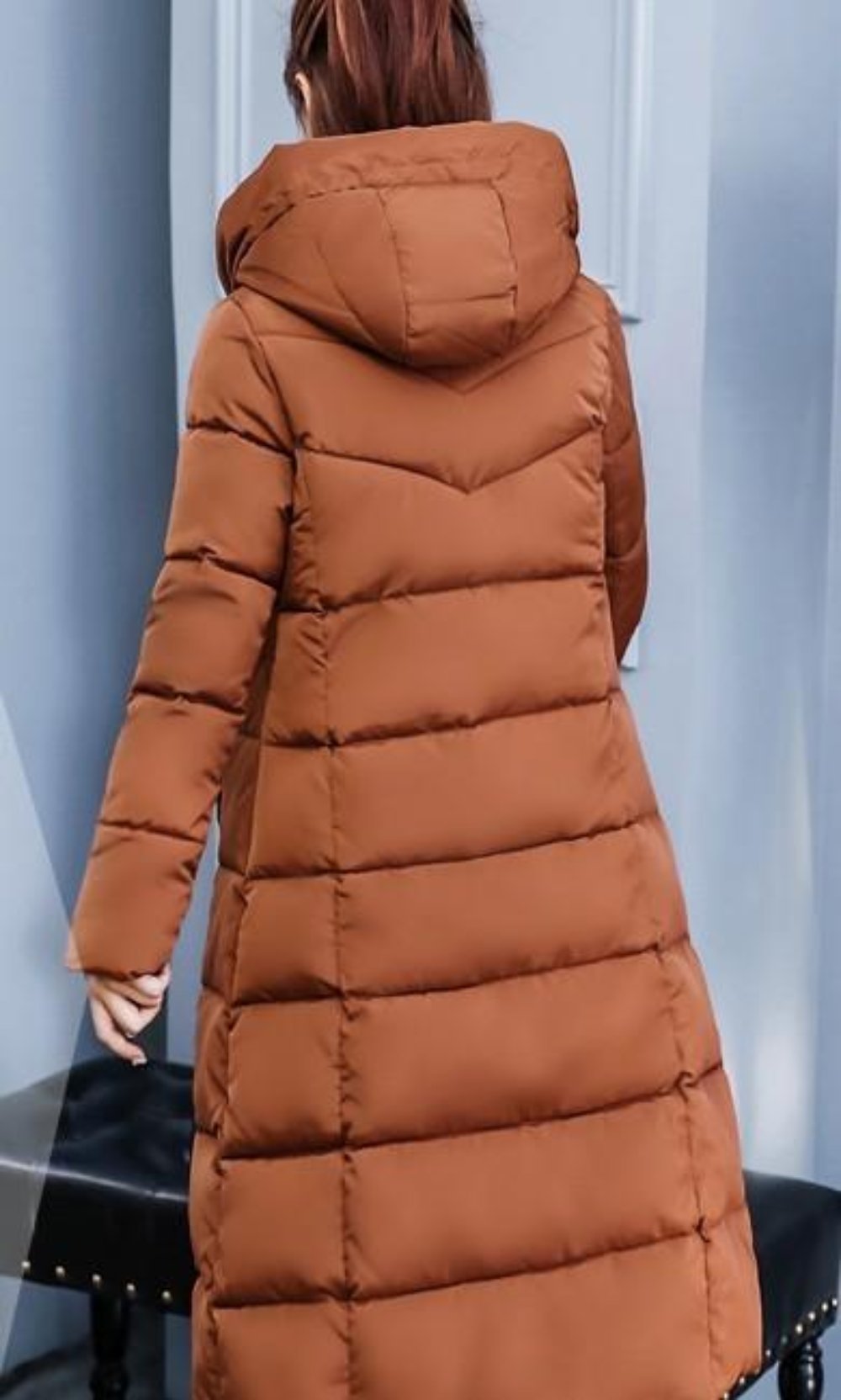 Brown Long Hooded Puffer Coat for Women with a Classic Look
