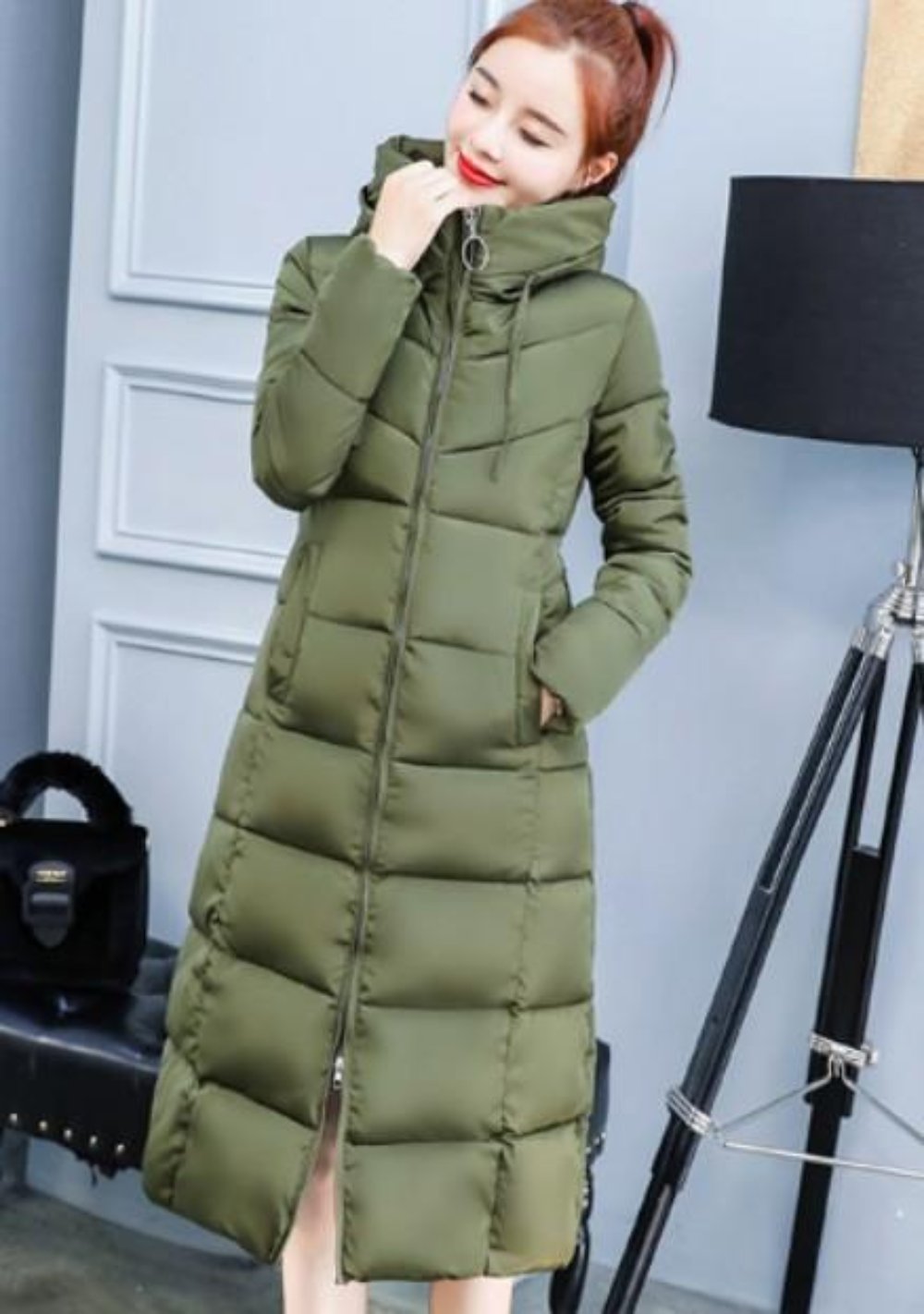 Long Army Green Hooded Women's Puffer Jacket