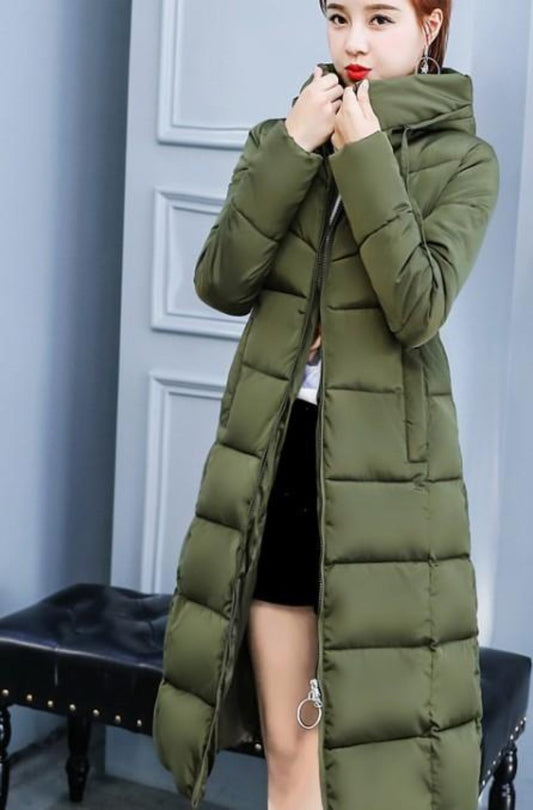 Long Army Green Hooded Women's Puffer Jacket