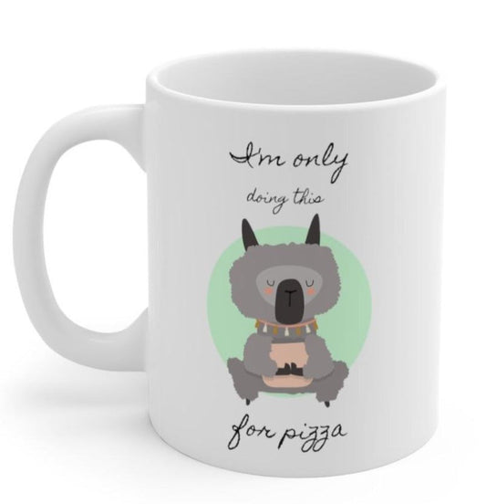 Only Doing This for Pizza Llama Yoga Mug: white, gray cartoon dog meditating with pizza theme, cartoon, kawaii style
