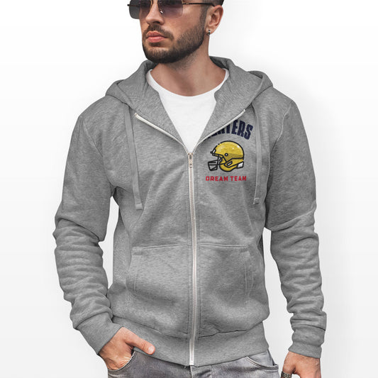 Football Themed Men's Zip-Up Hoodie: heather gray, white football helmet graphic, casual sporty graphic style
