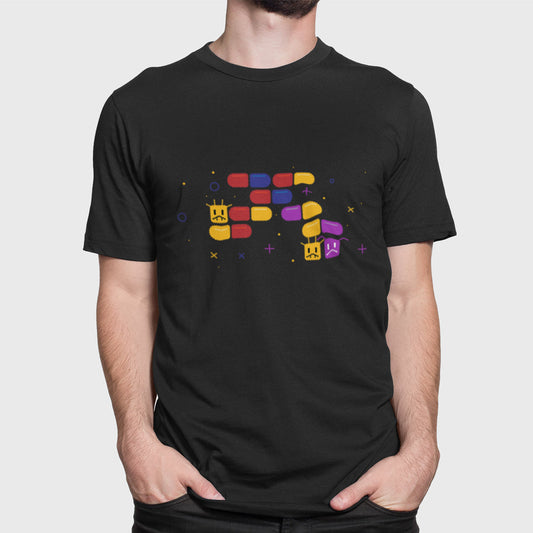 Retro Logo Short Sleeve T-Shirt for Male Gamers: black, yellow abstract arcade/game-like graphic with small character faces