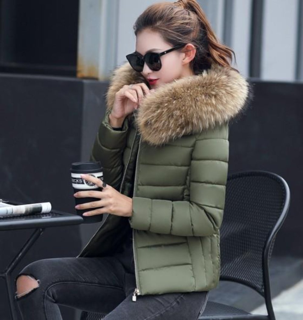 Slim-Fit Zippered Winter Coat with Hood for Women