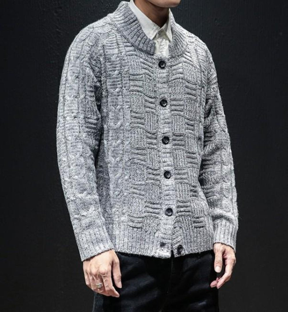 Khaki Button Front Crew Neck Men's Cardigan