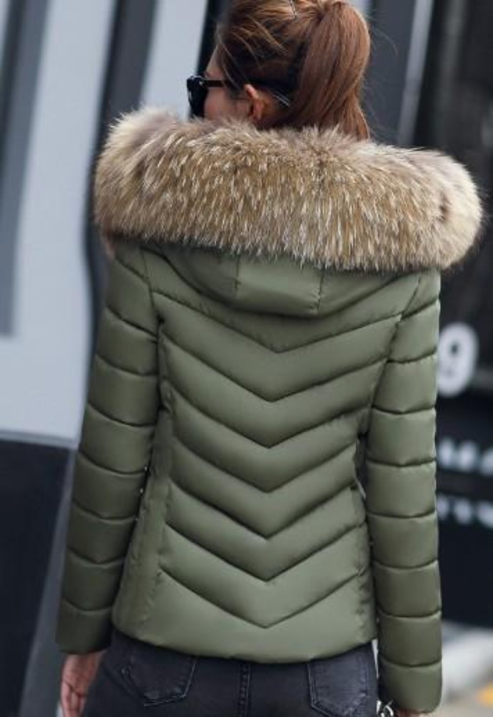Army Green Slim Fit Hooded Zip Up Winter Short Coat for Women