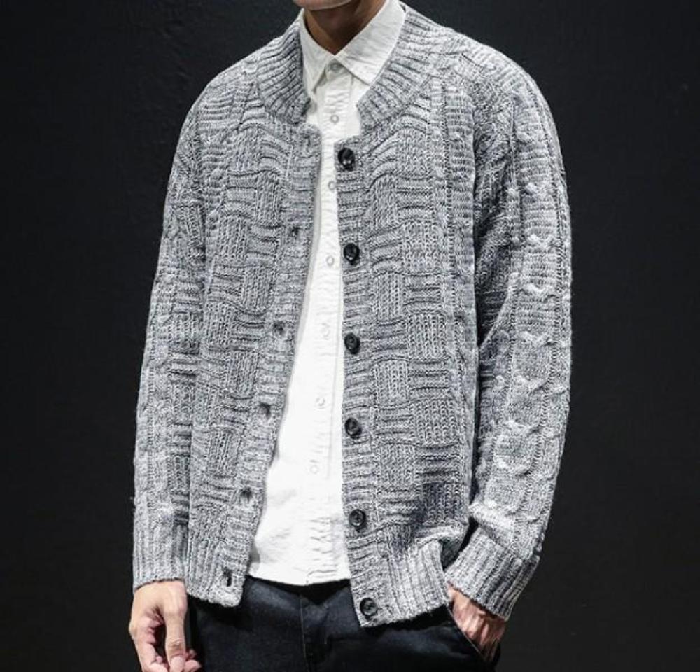 Khaki Button Front Crew Neck Men's Cardigan