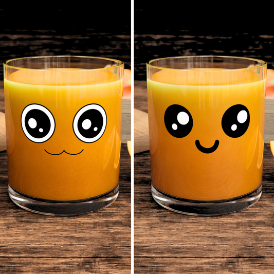 Peekaboo Set of Two Mugs: clear, orange kawaii face, kawaii cartoon style