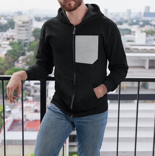 Gray Zip Up Hoodie with Faux Pocket, Men's Heavy Blend: black, light gray zip-up hooded sweatshirt, minimal casual style