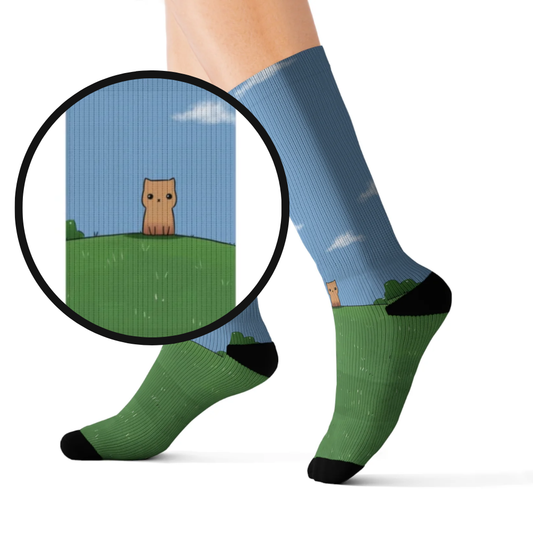 Novelty Socks for the Solitary Feline: blue, green cartoon cat in a grassy landscape