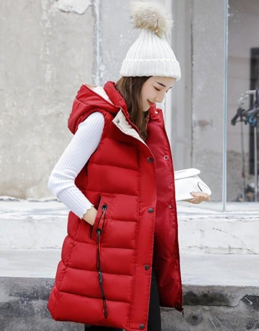Red High Collar Hooded Puffer Winter Vest for Women