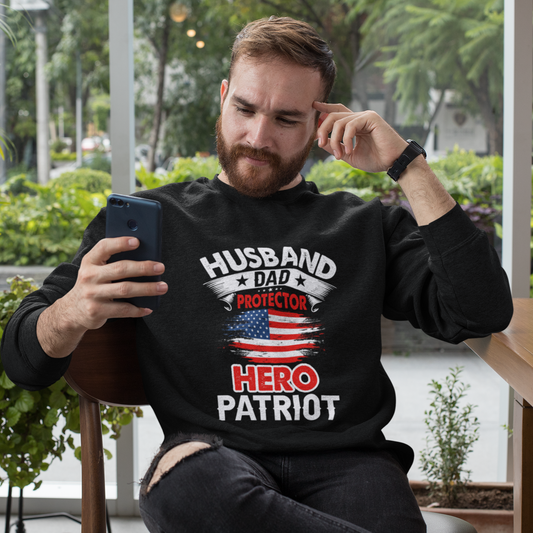 Protector Crewneck Sweatshirt, Ideal for Husbands and Dads: black, white patriotic husband/dad theme, casual graphic style