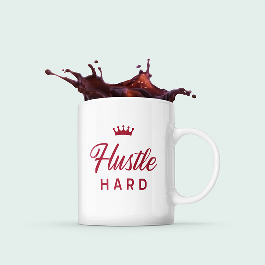 Crown Gift Hustle Mug: white, dark red motivational text design, minimal graphic style
