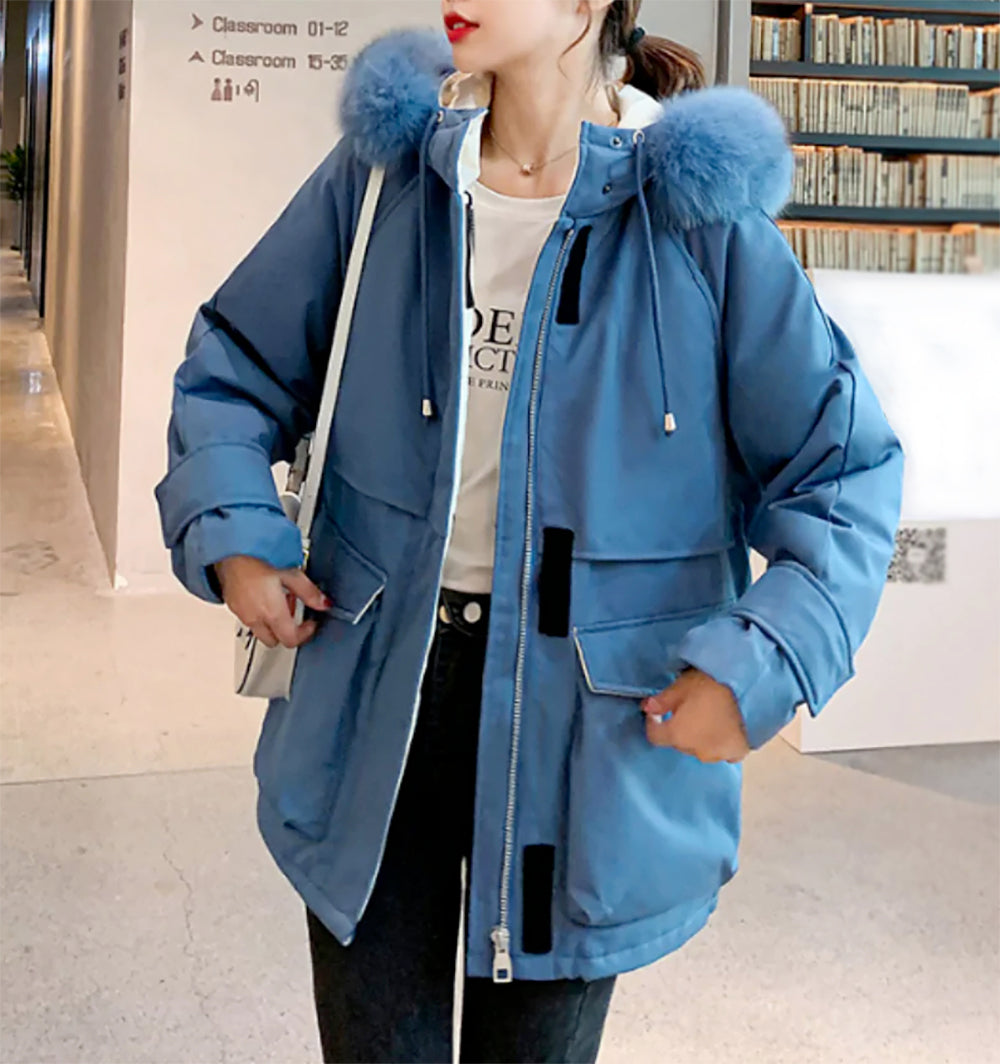 Mid-Length Women's Coat with Zipper and Faux Fur Hood