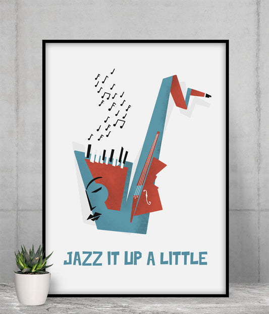 Elevate Your Space with a Fun Poster: white, black abstract jazz musician/saxophone theme, retro modern geometric illustratio