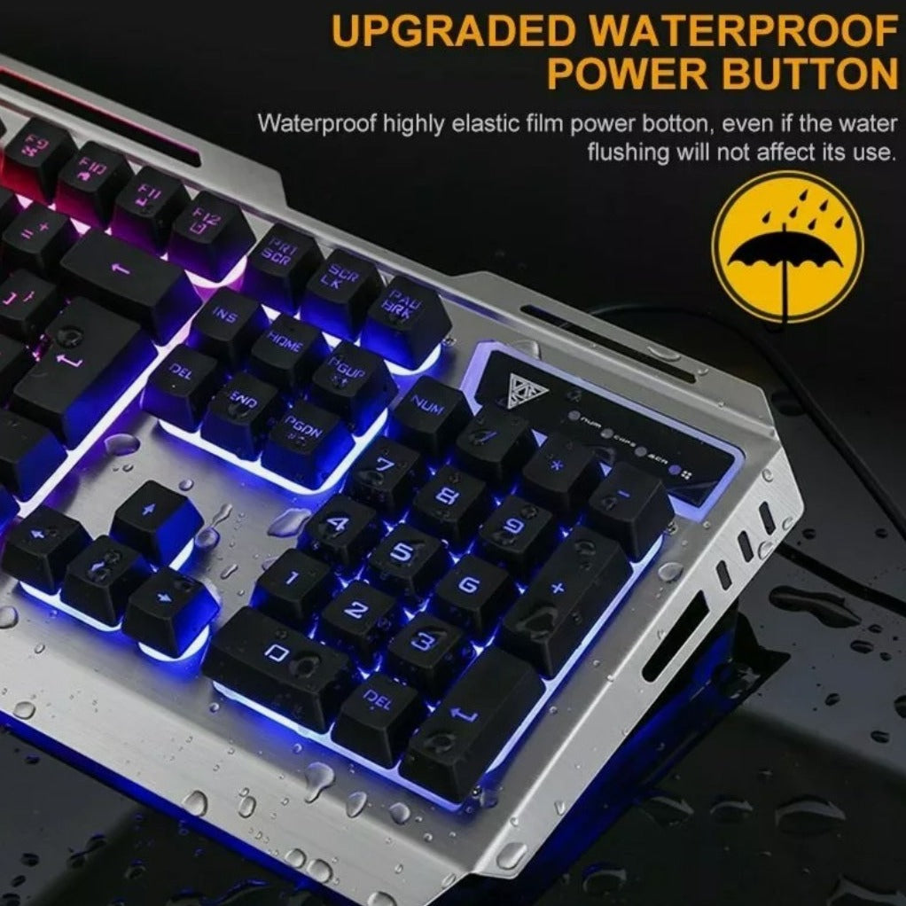 Metallic Silver Gaming Keyboard and Mouse Set with Ninja Dragon Design