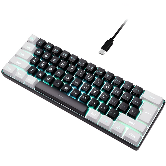 Compact Wired RGB Gaming Keyboard with Floating Keycaps: black, white compact mechanical keyboard with detachable cable, mode
