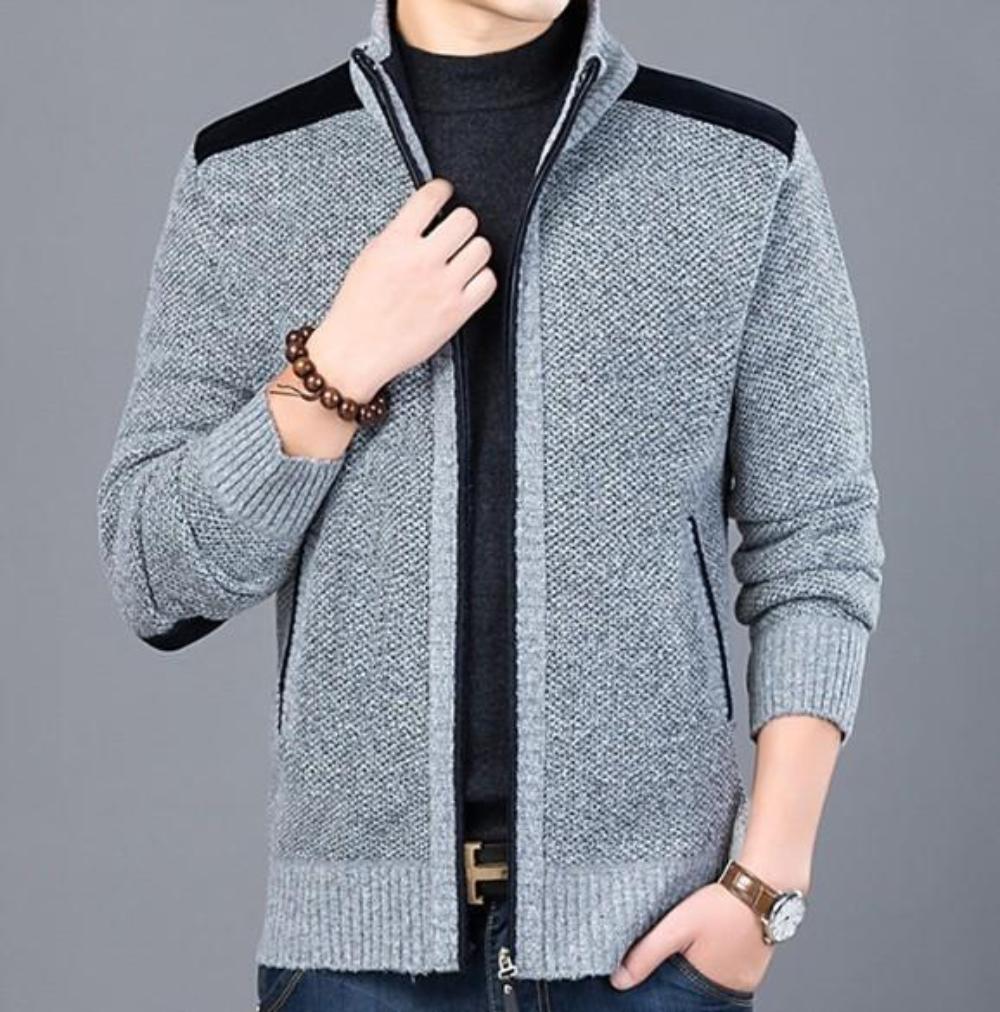 Blue Cardigan for Men with Zip Closure and Elbow Detailing