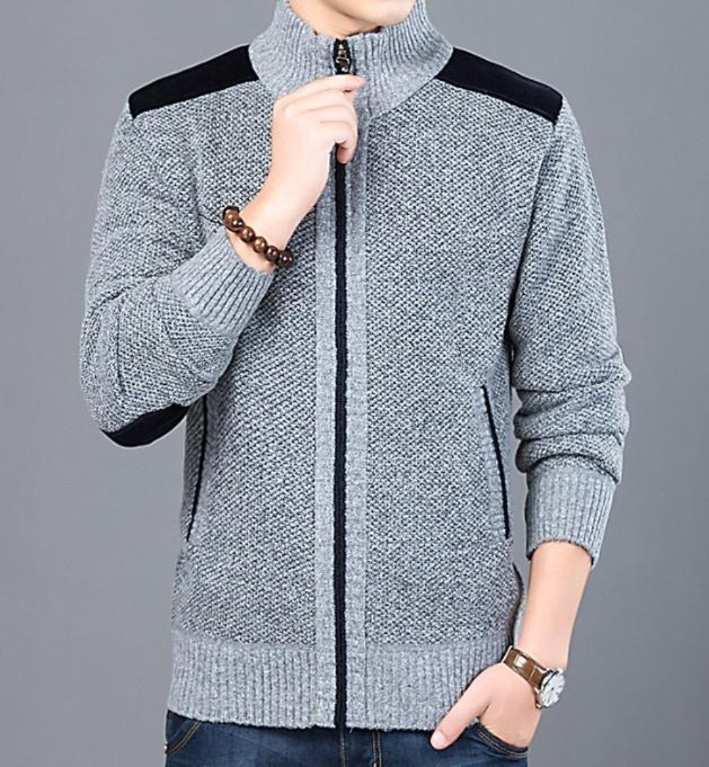 Men's Cardigan with Elbow Patch and Zipper Closure