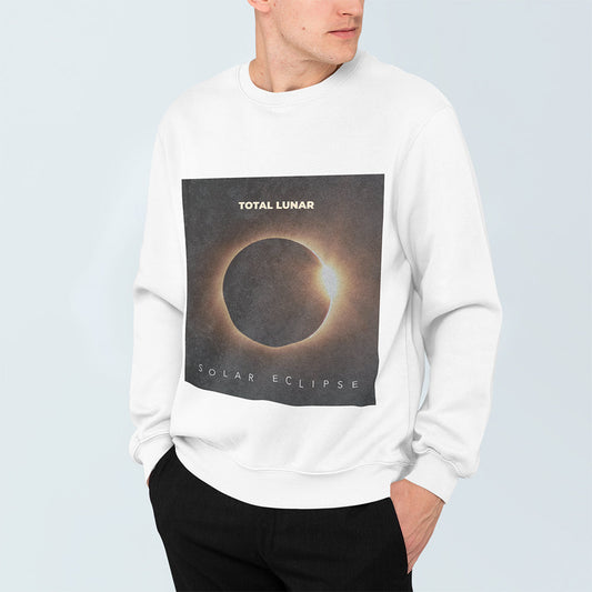 Lunar Space Men's Sweatshirt, Complete: white, black solar eclipse, minimal graphic style