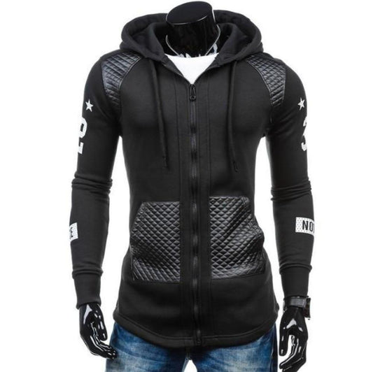 Streetwear-Inspired Hooded Biker Jacket for Men: black, white hooded zip-up jacket, urban streetwear style