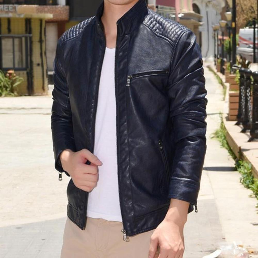 Motorcycle Vegan Leather Jacket with Stand Collar for Men