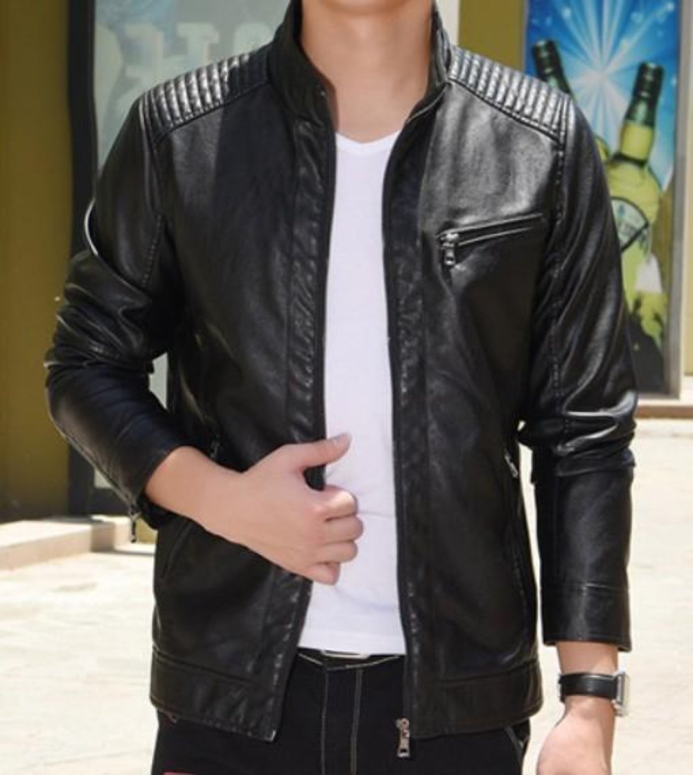 Motorcycle Vegan Leather Jacket with Stand Collar for Men