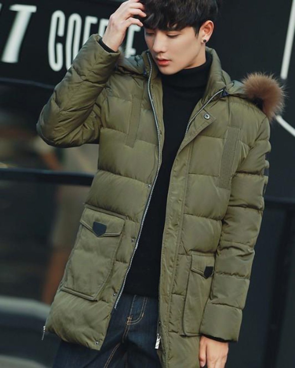 Classic Black Winter Coat with Faux Fur Hood, Inspired by Military Style