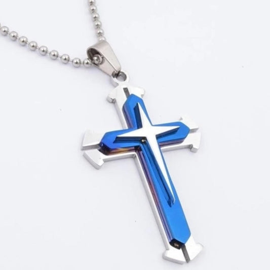 Cross Pendant Necklace for Men in Stainless Steel: blue, silver cross, minimal style