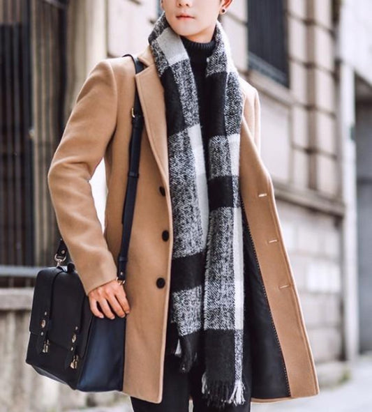 Slim Fit Men's Khaki Overcoat with Mid Length: black, gray scarf, minimal style