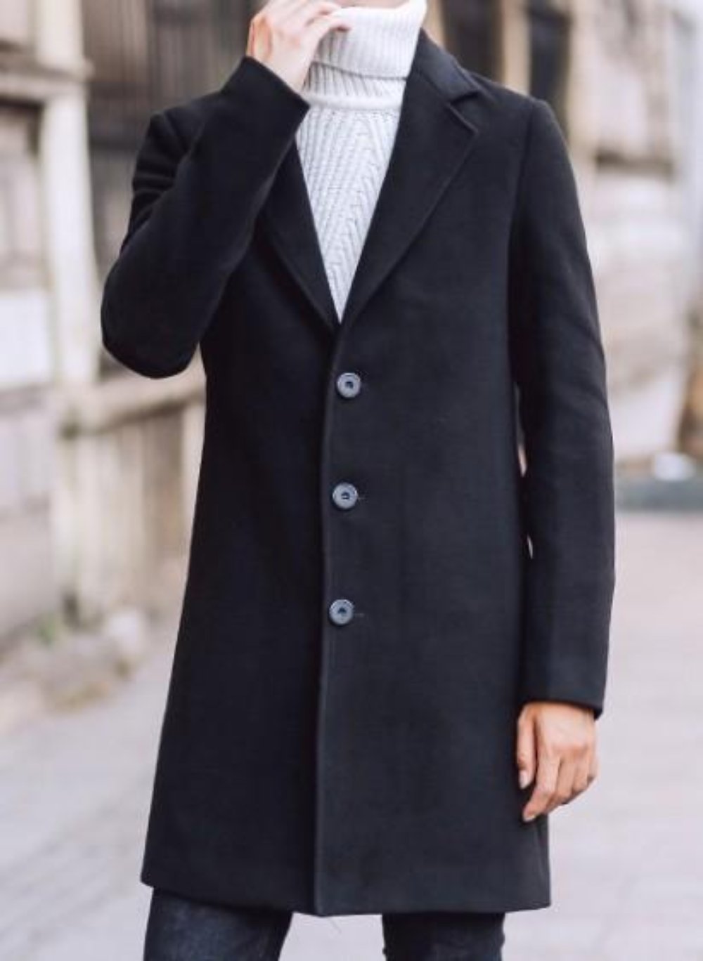 Black Mid-Length Slim Fit Men's Overcoat
