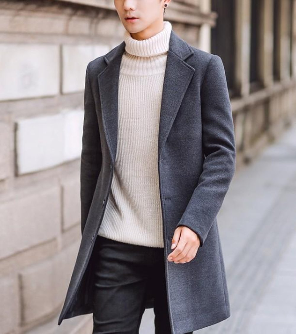 Black Mid-Length Slim Fit Men's Overcoat