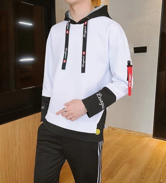 KPOP-Inspired Men's Fashion Hoodie: white, black hooded sweatshirt, casual streetwear style
