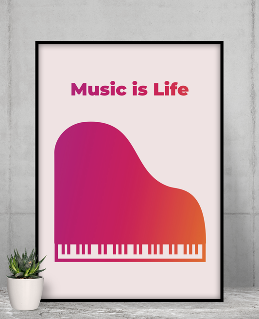 Life in Music Poster for Room Decoration: pale pink, black music/piano theme, minimal modern graphic style
