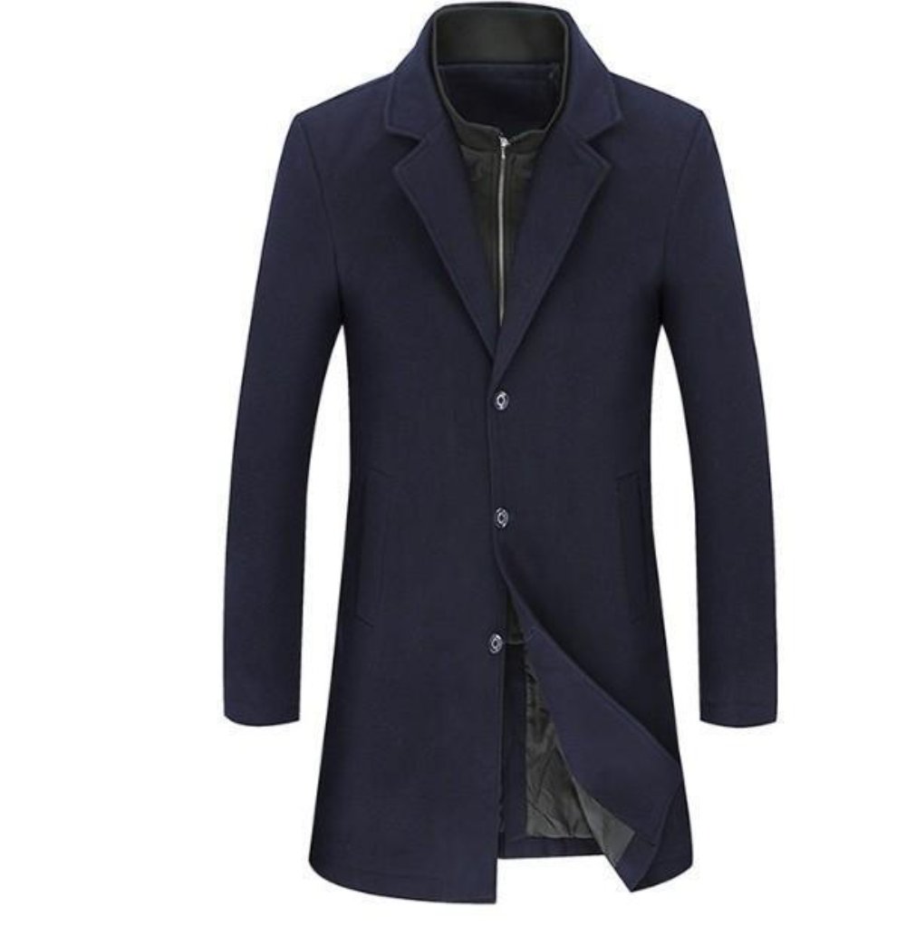 Mens Brown Classic Mid Length Wool Blend Coat with Dual Collar