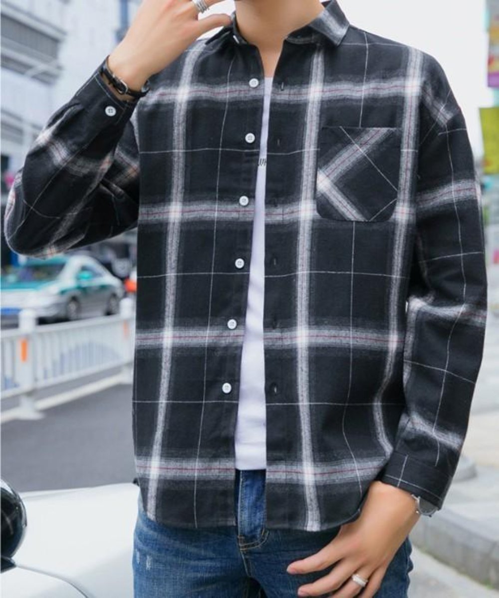 Casual Plaid Button-Front Shirt for Men in Black