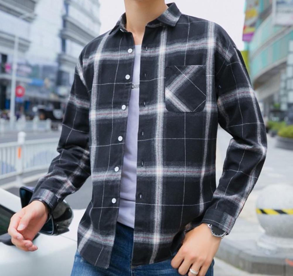Gray Plaid Button-Up Casual Shirt for Men with Long Sleeves