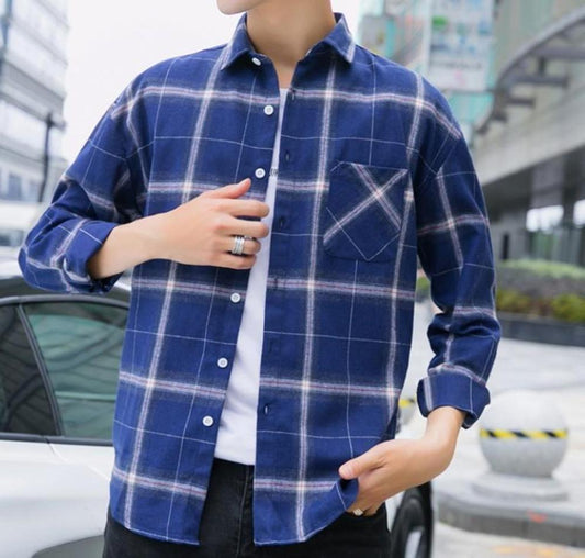 Blue Plaid Button Front Long Sleeve Men's Casual Shirt: navy blue, white button-up shirt, casual plaid style