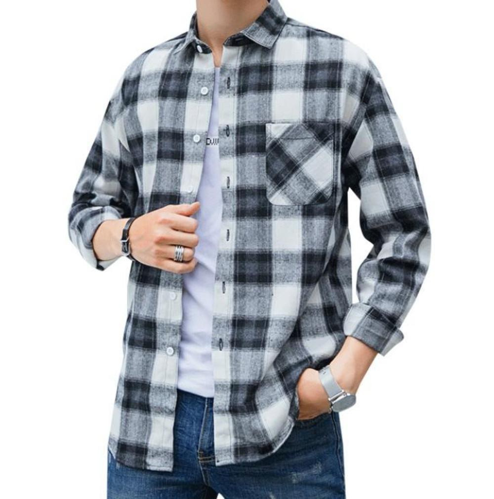 Gray Plaid Button-Up Casual Shirt for Men with Long Sleeves